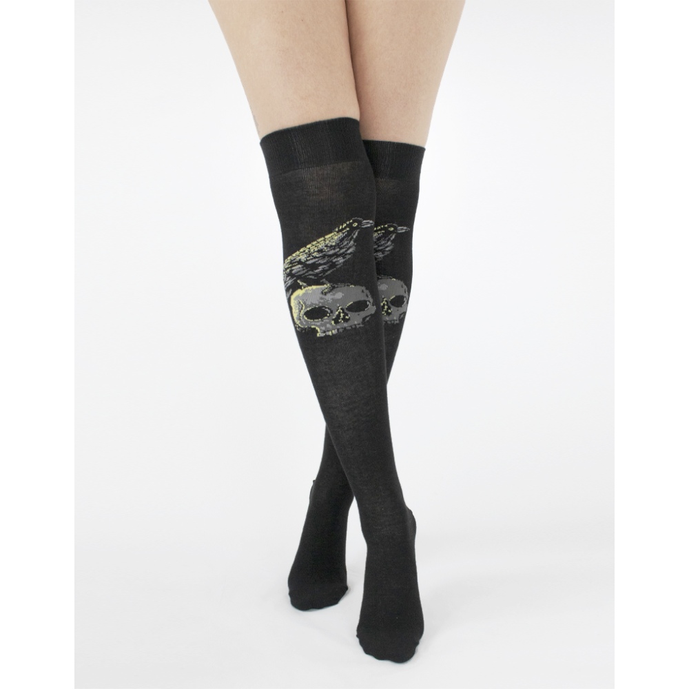 Pamela Mann - Raven Skull Overknee sokken - Zwart